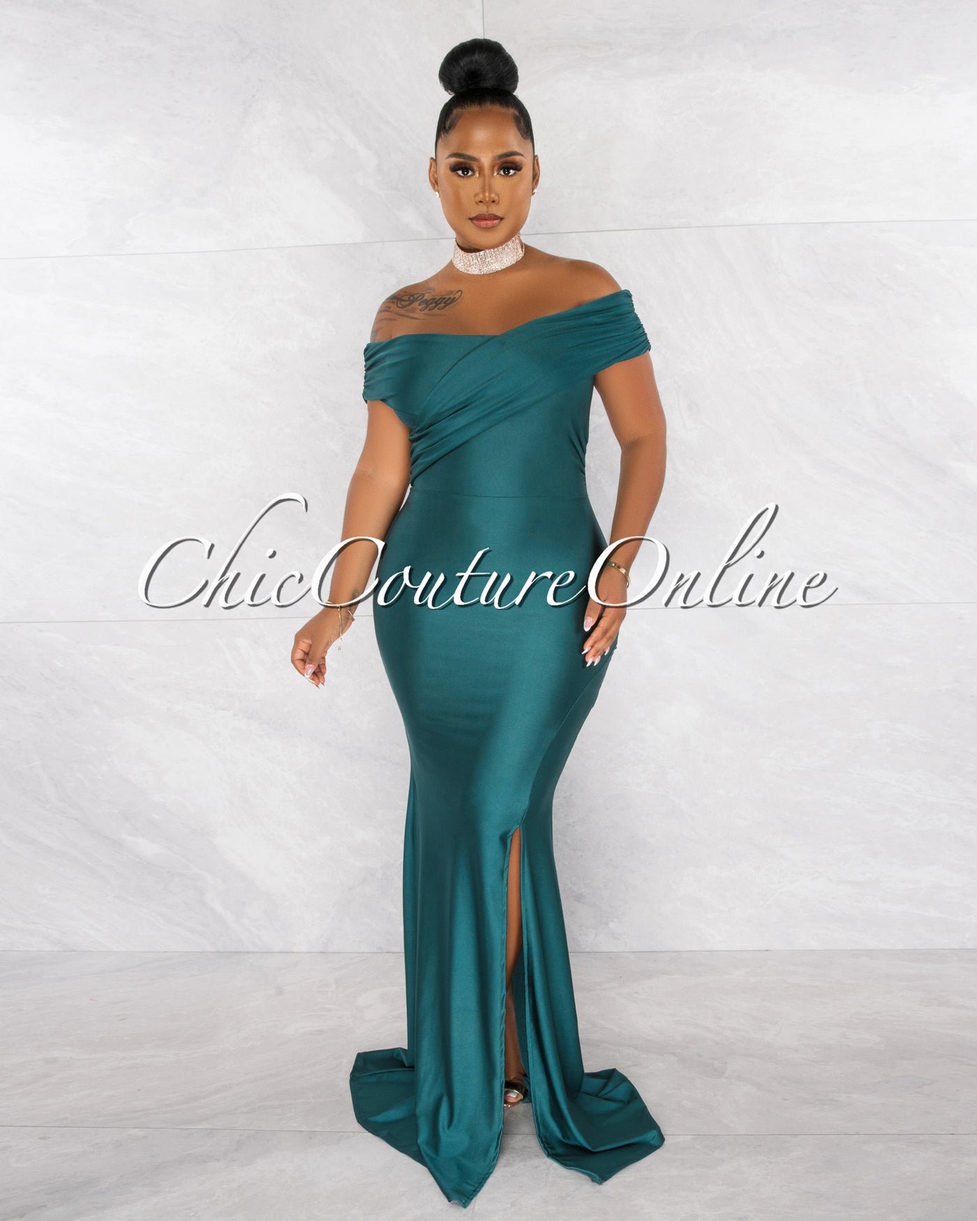 *Dewey Forest Green Drape Off-The Shoulders Maxi Dress