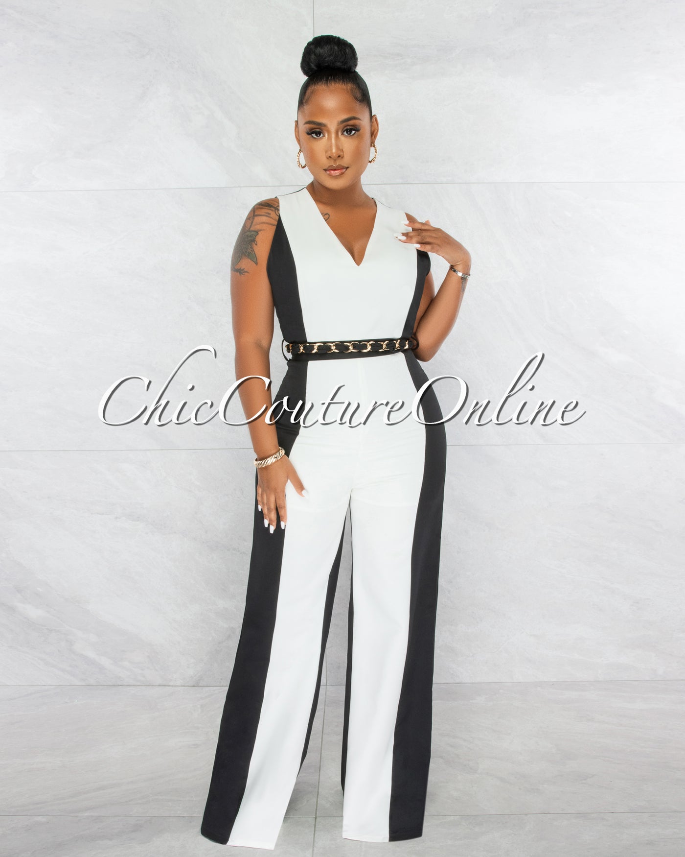 Loreana Black White Two-Tone Gold Link Belt Luxe Jumpsuit
