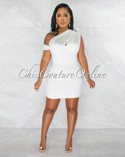 Belicia Off-White Mesh Ruched One Shoulder Corset Dress