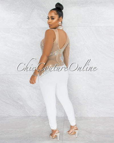 *Zulia Nude White Mesh Rhinestones Single Sleeve Jumpsuit