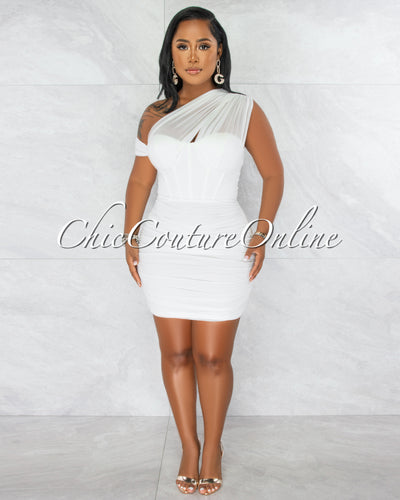Belicia Off-White Mesh Ruched One Shoulder Corset Dress