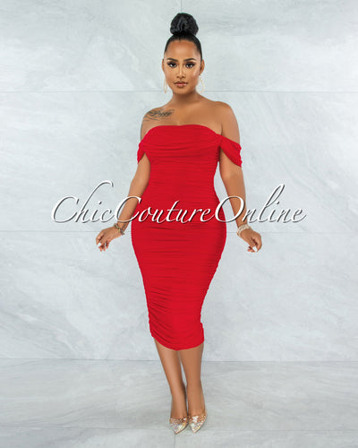 Becca Red Mesh Overlay Ruched Off-The Shoulder Dress