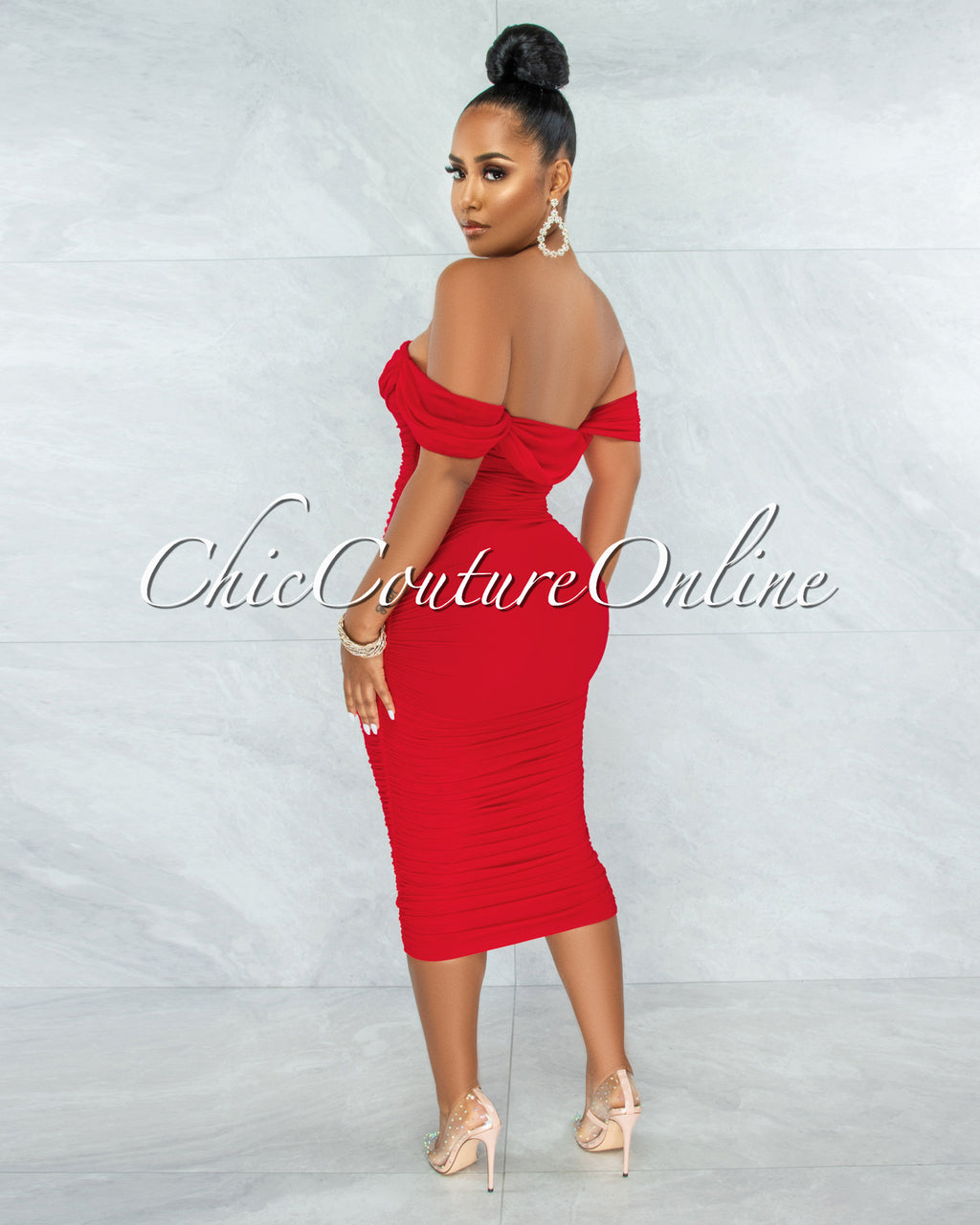 Becca Red Mesh Overlay Ruched Off-The Shoulder Dress