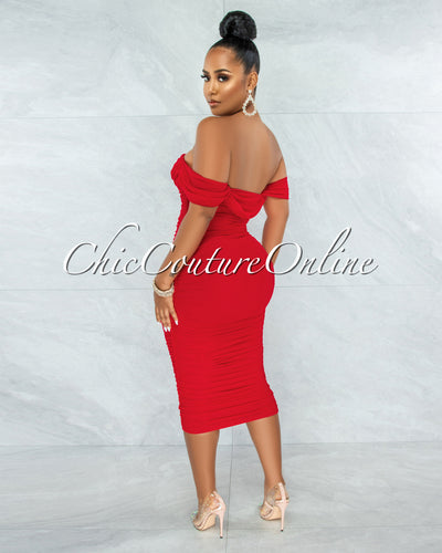 Becca Red Mesh Overlay Ruched Off-The Shoulder Dress