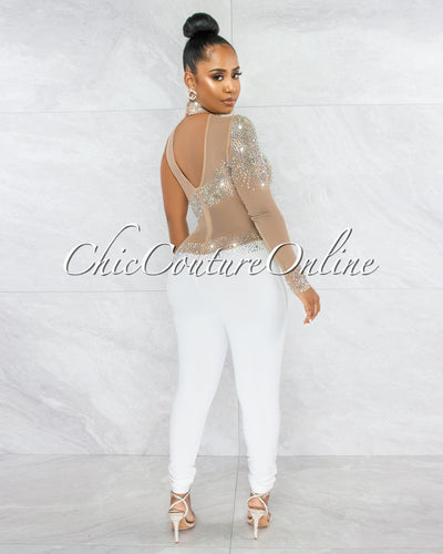 *Zulia Nude White Mesh Rhinestones Single Sleeve Jumpsuit