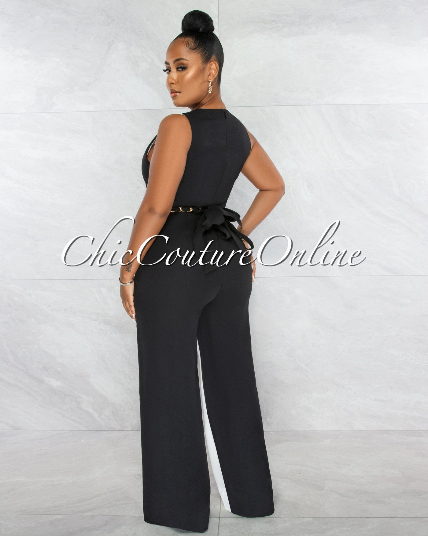 Loreana Black White Two-Tone Gold Link Belt Luxe Jumpsuit
