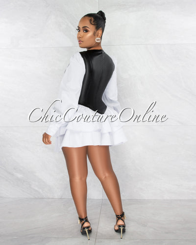 *Azalea White Black Faux Leather Ruffle Hem Dress