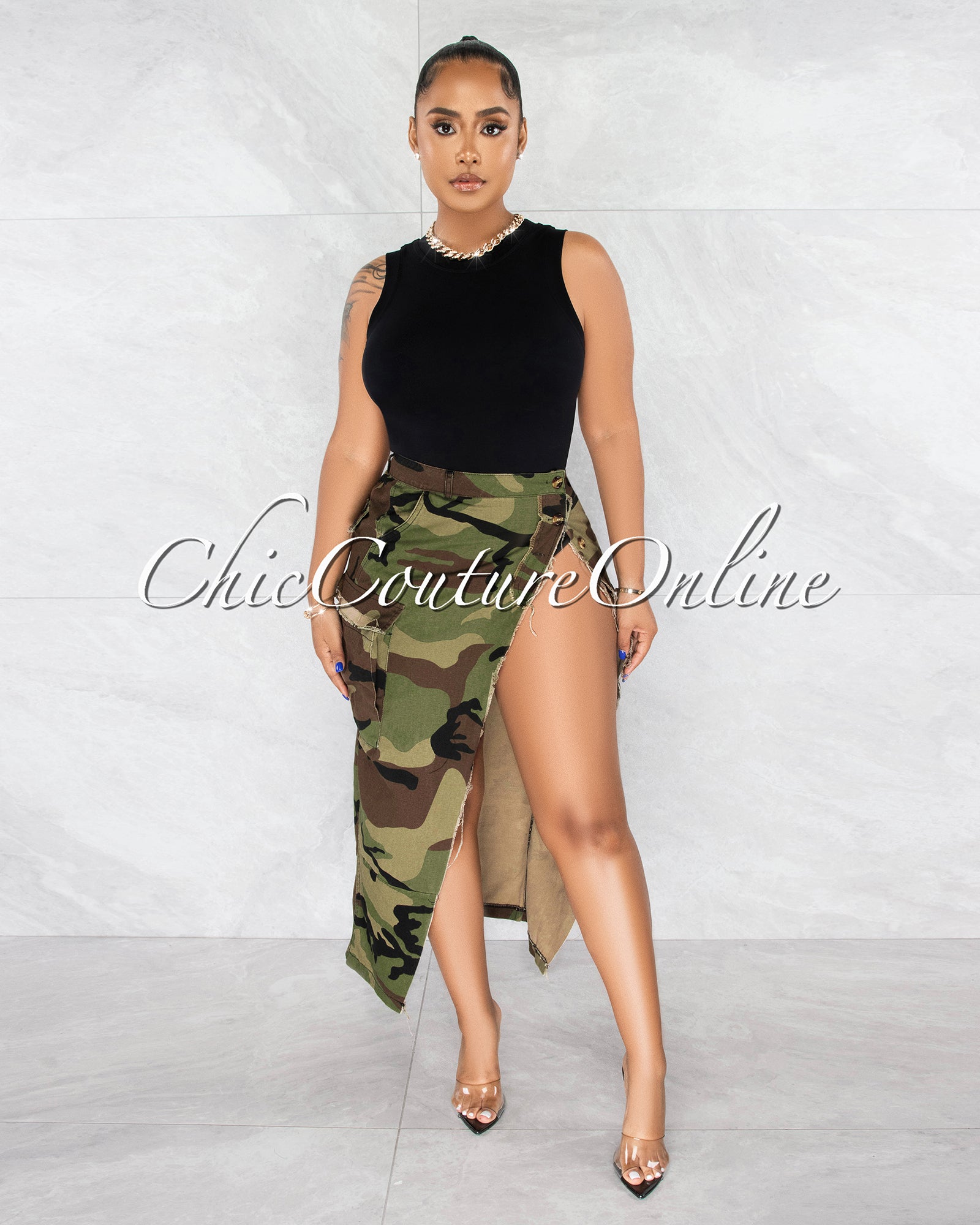 *Bliss Camo Front Slit Cargo Midi Skirt