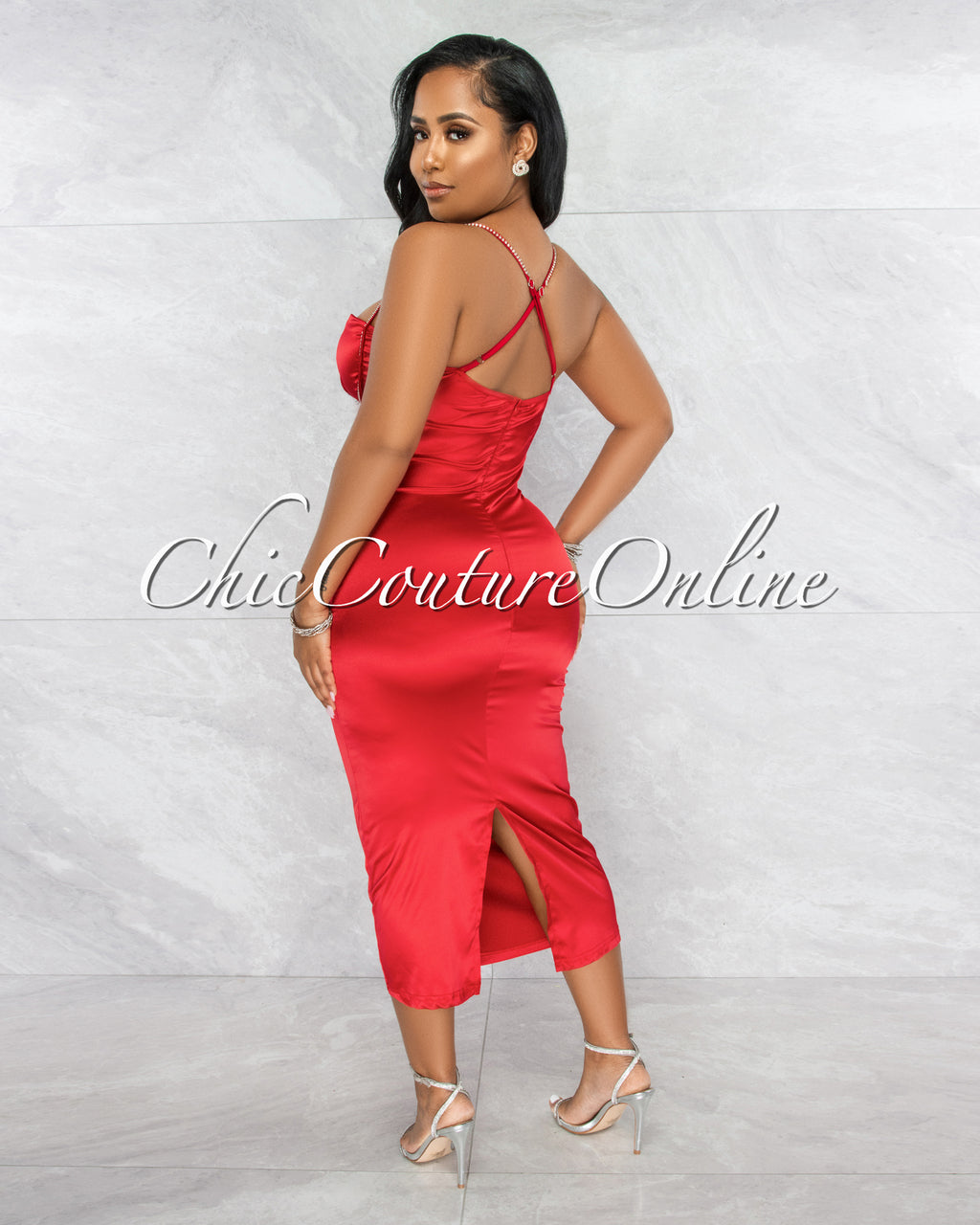 LaRue Red Rhinestones Bust Shimmer Midi Dress