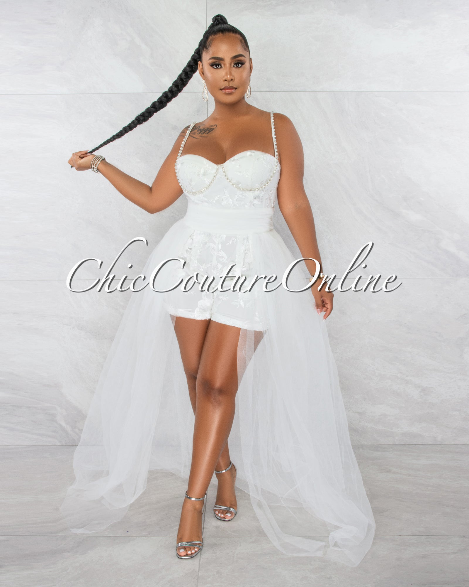 *Veronica Off-White Embroidery Pearl Décor Tulle Overlay Romper