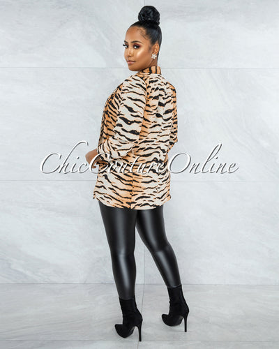 Merona Nude Black Tiger Print Boyfriend Long Blazer
