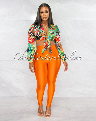 Gladstone Palm Print Tie Top & Orange Leggings Set