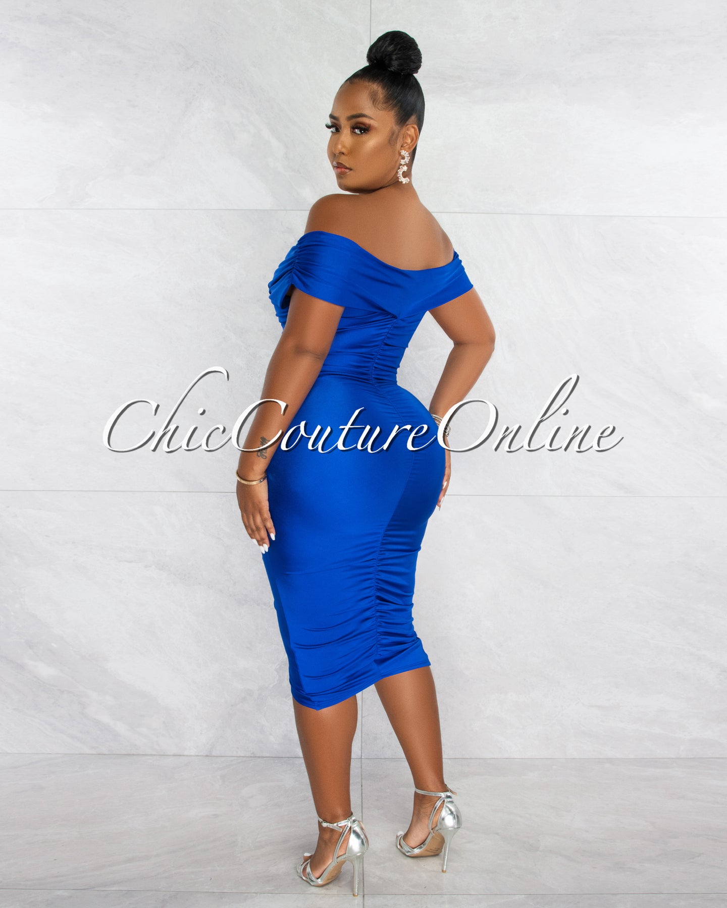 Gabbar Royal Blue Off-The Shoulders Ruched Midi Dress – Chic Couture Online