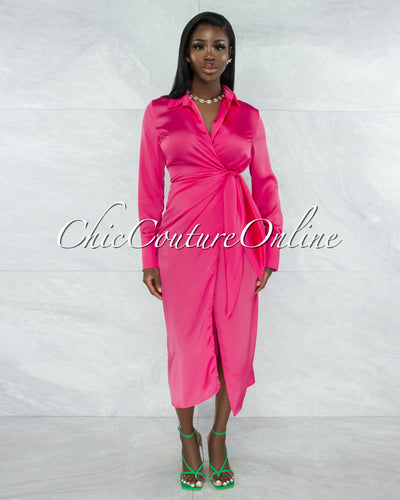 *Diane Hot Pink Wrap Satin Midi Dress
