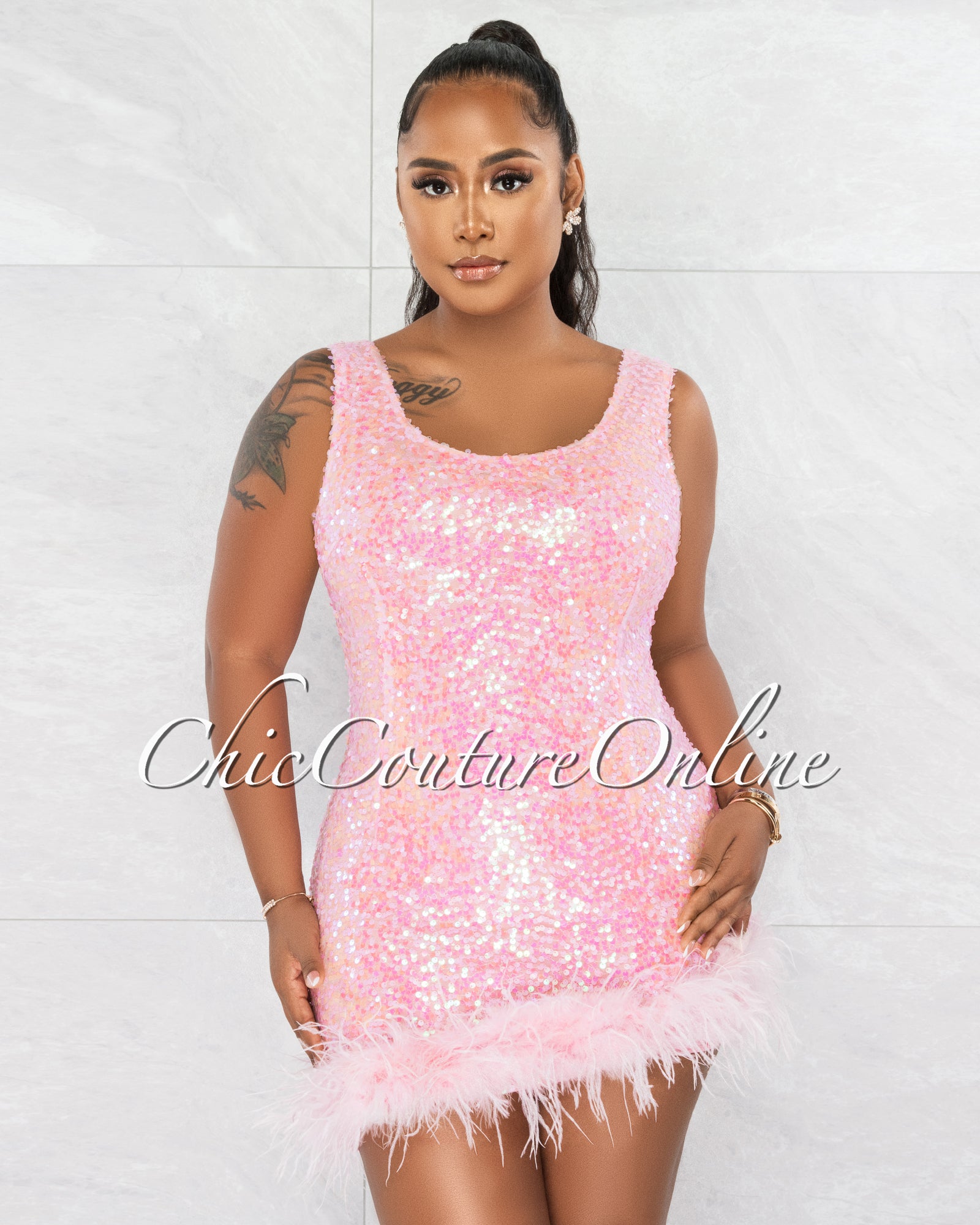 *Odelia Barbie Pink Sequins Feathers Hem Mini Dress