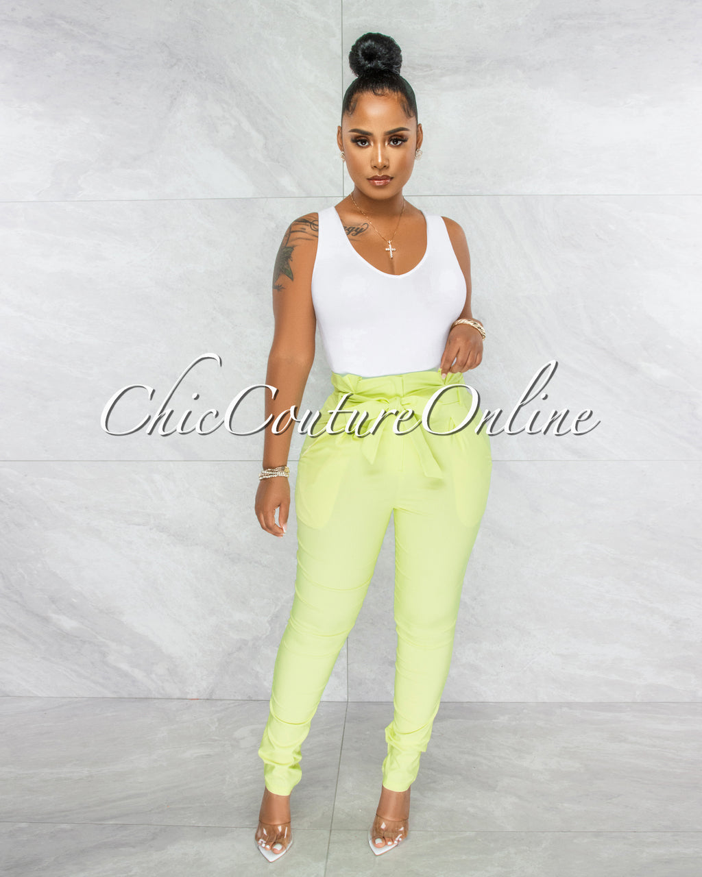 *Kiah Baby Green Pleated Paper Bag Tie Belt Pants