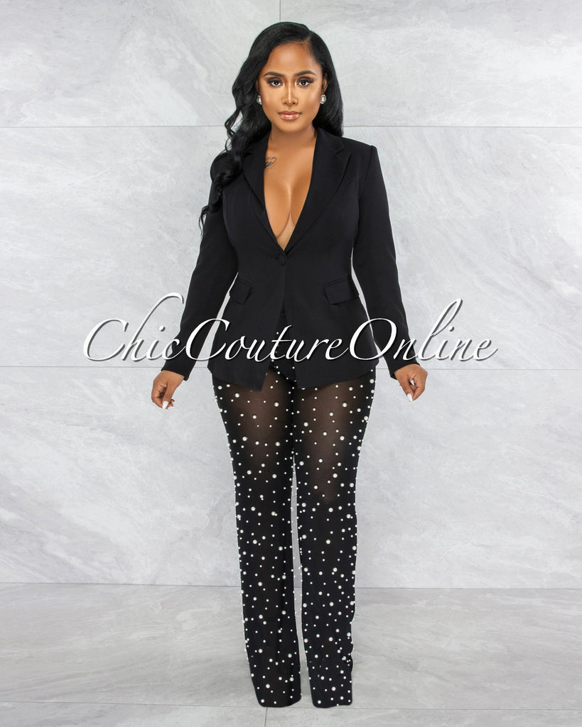Alicia Black Blazer & Mesh Pearl Pants Set – Chic Couture Online