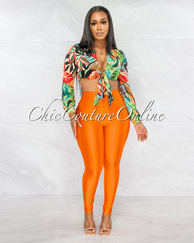 Gladstone Palm Print Tie Top & Orange Leggings Set