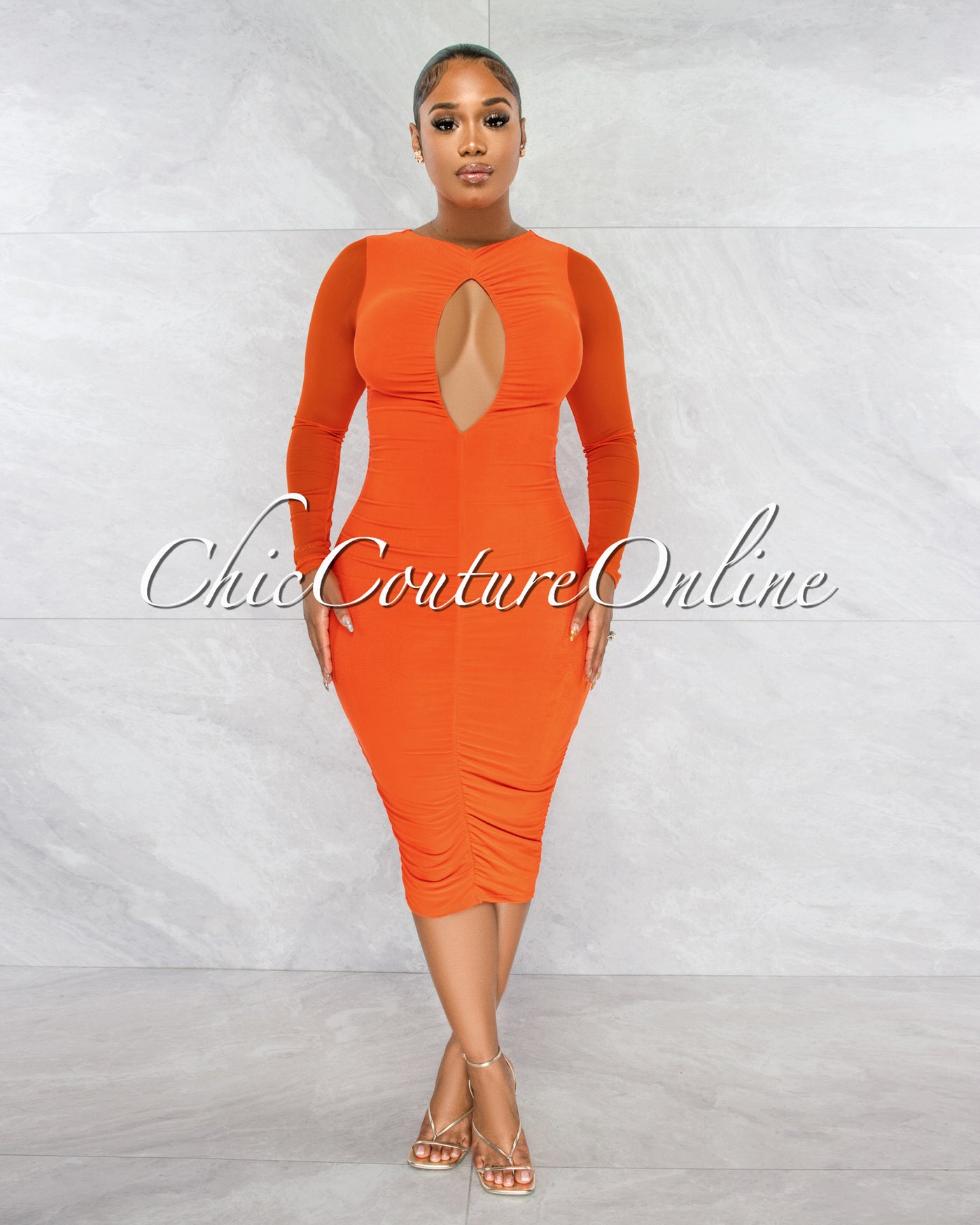 Cardinal Orange Mesh Front Key-Hole Midi Ruched Dress
