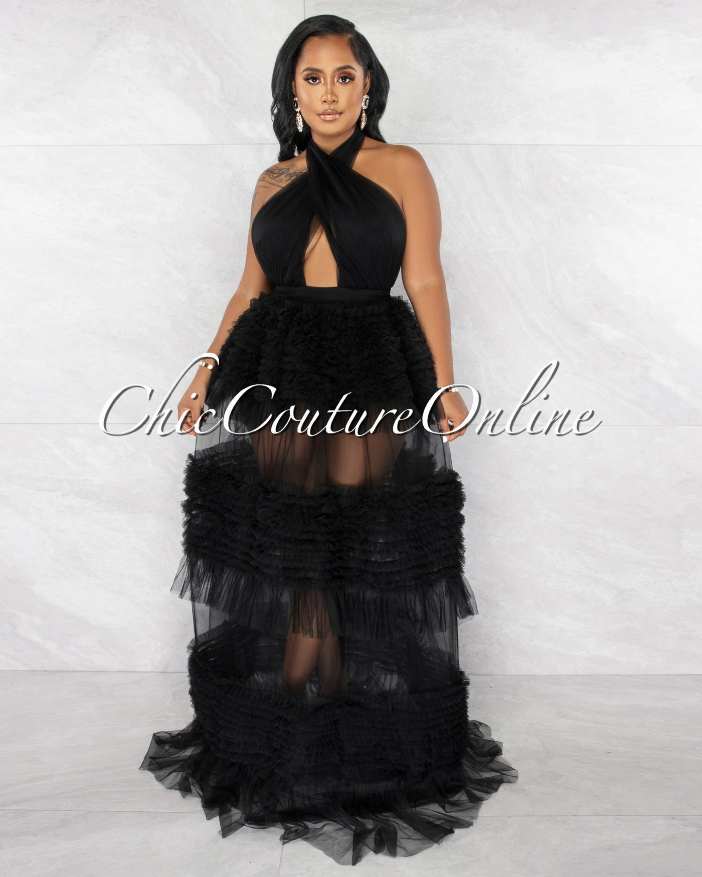 *Pleasant Black Halter Tulle Ruffle Maxi Dress