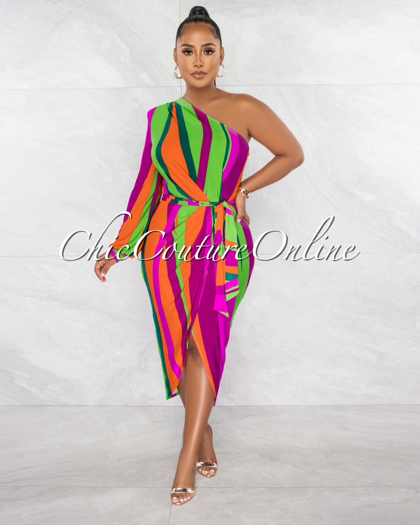 *Edrian Purple Green Print Single Long Sleeve Midi Dress