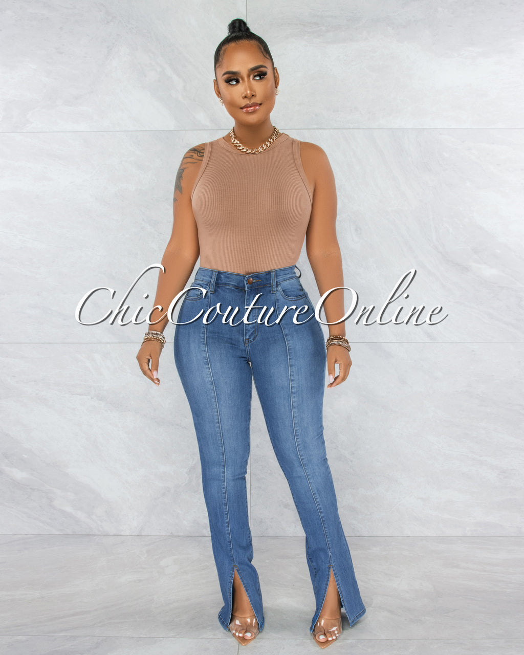 *Kelisa Medium Denim High-Waist Ankle Slit Jeans