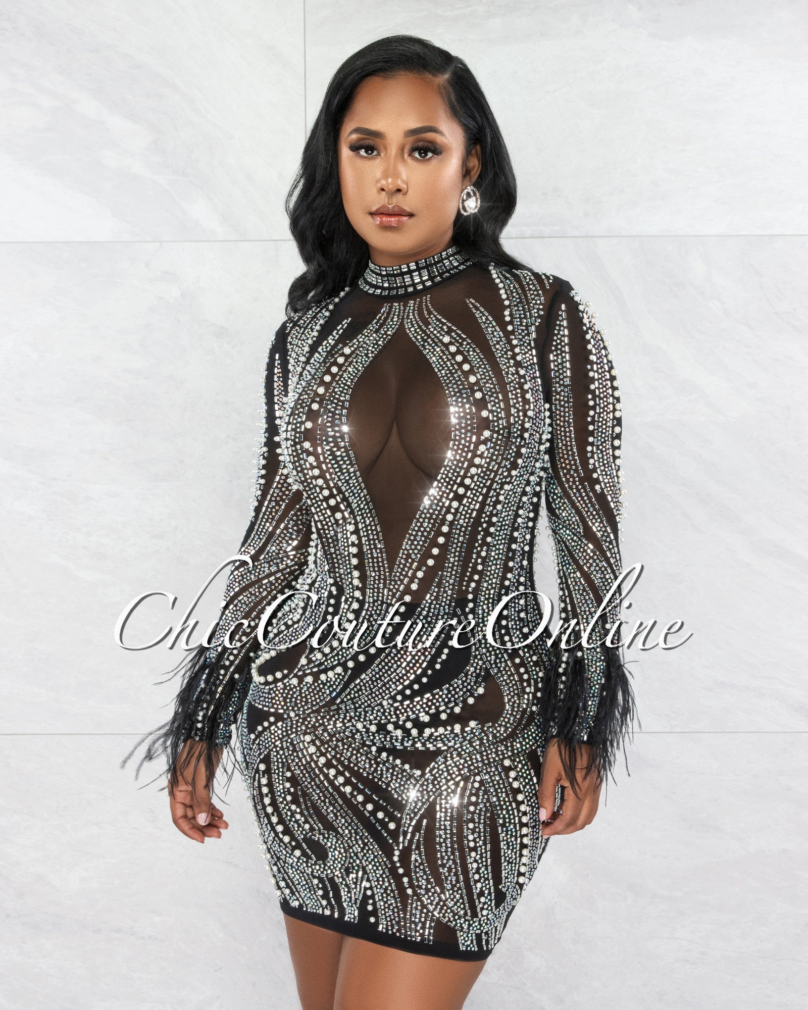 *Laurel Black Rhinestones Pearls & Feathers Mesh Mini Dress