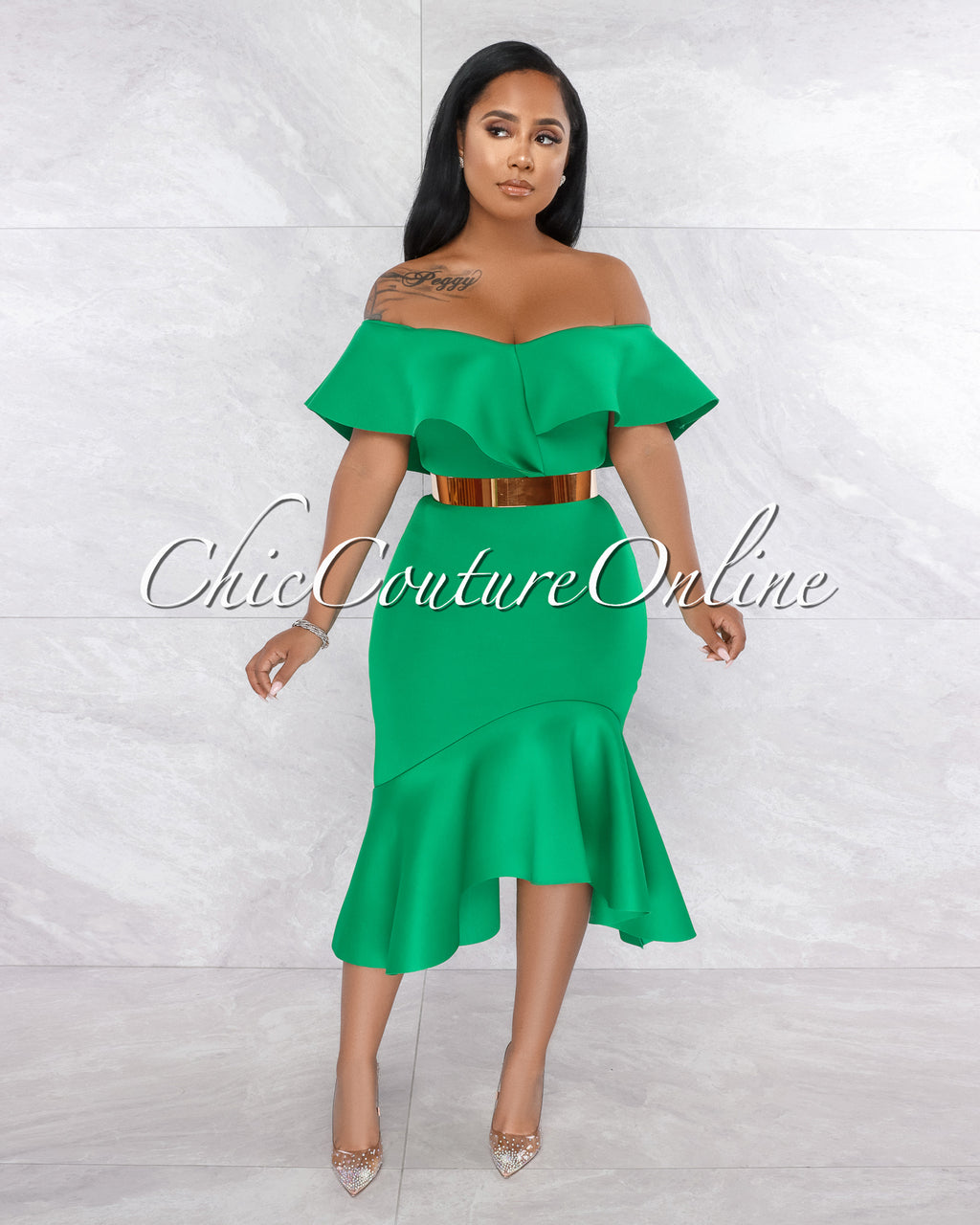 Temira Green Ruffle Off-The-Shoulder Ponti Dress