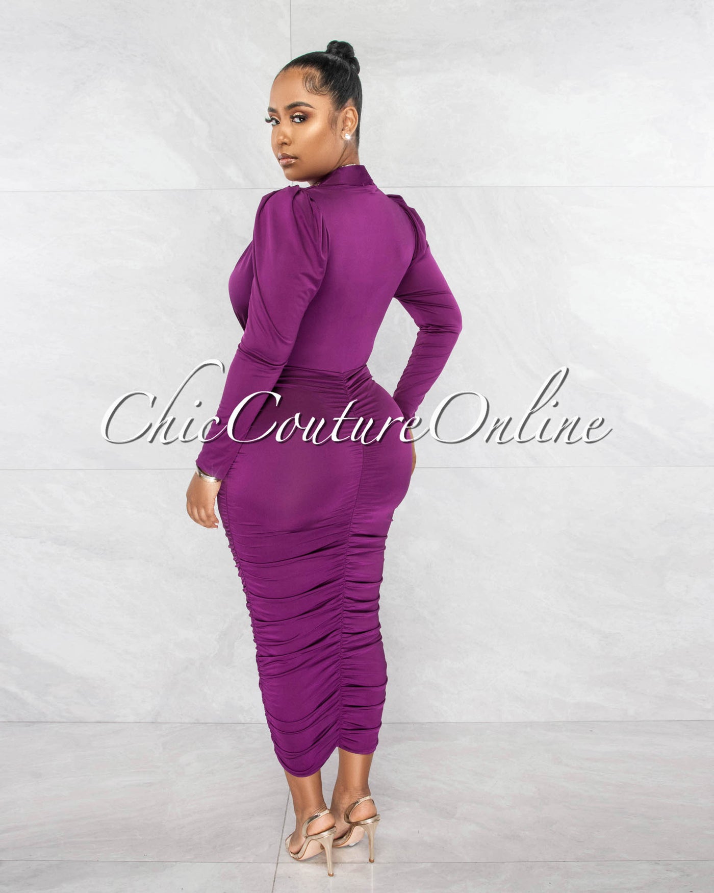 Yelena Purple Deep V-Neck Ruched Midi Dress