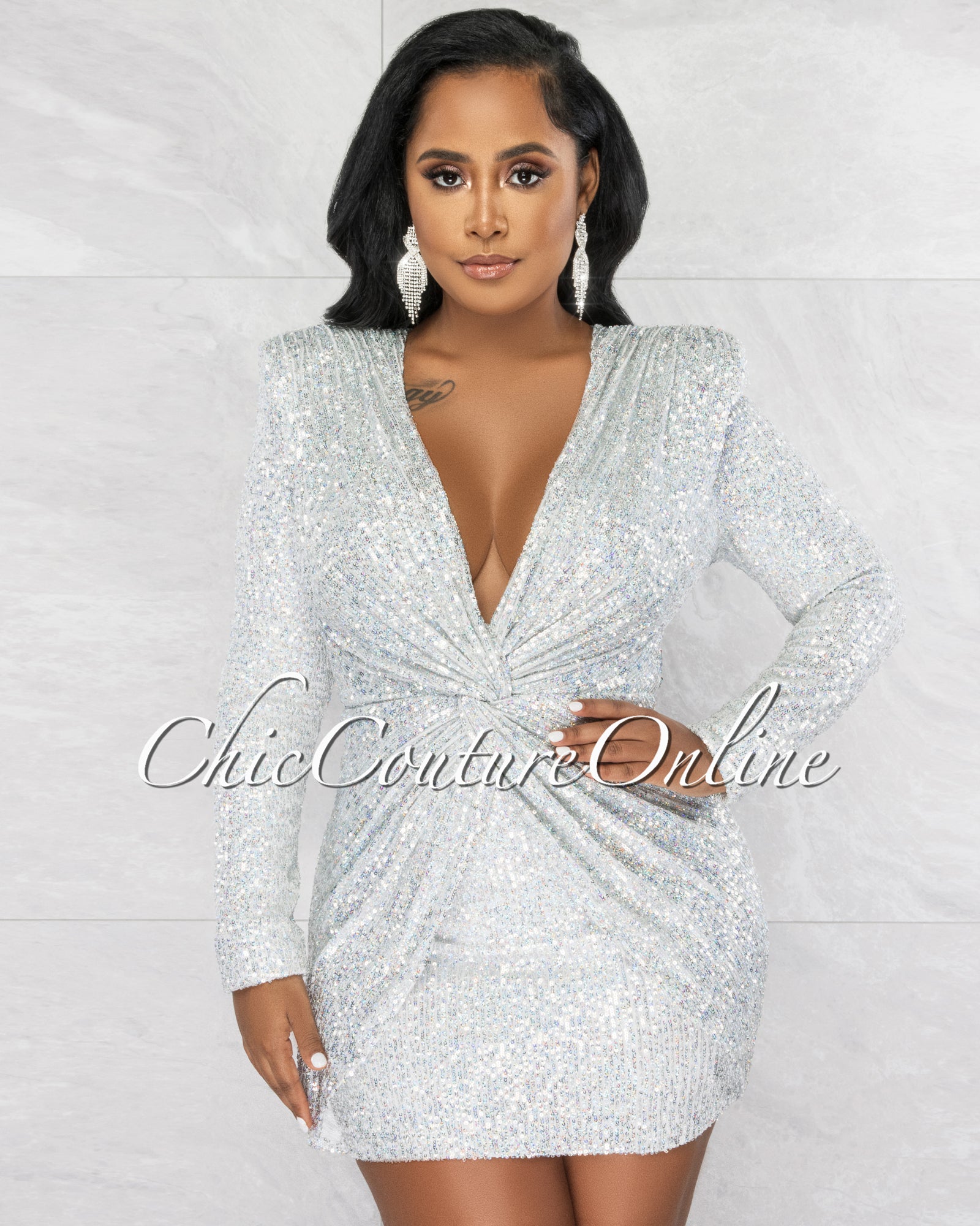 *Uforia Silver Sequins Front Knot Mini Dress