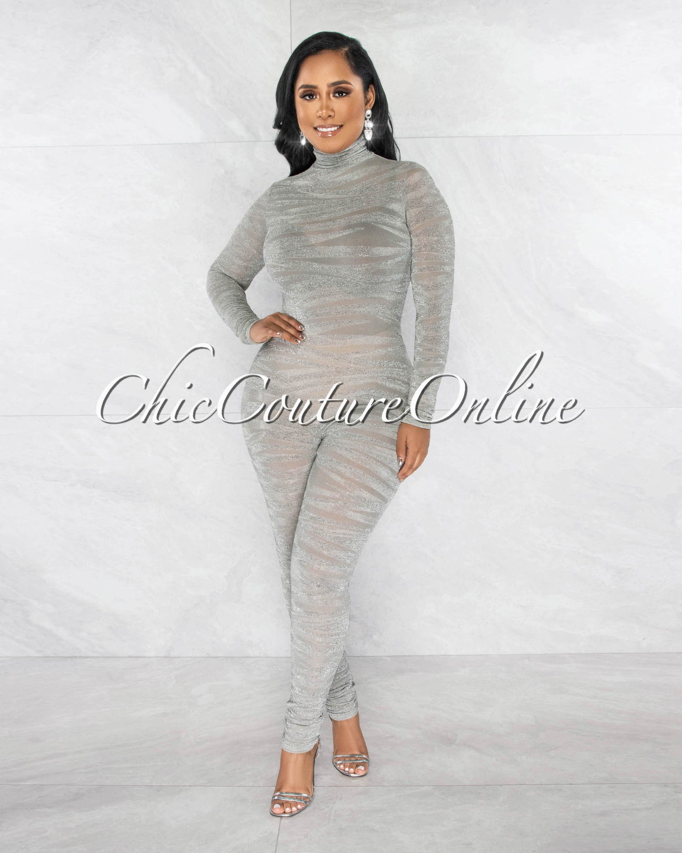 Henry Silver Shimmer Zebra Print Sheer Mesh Jumpsuit