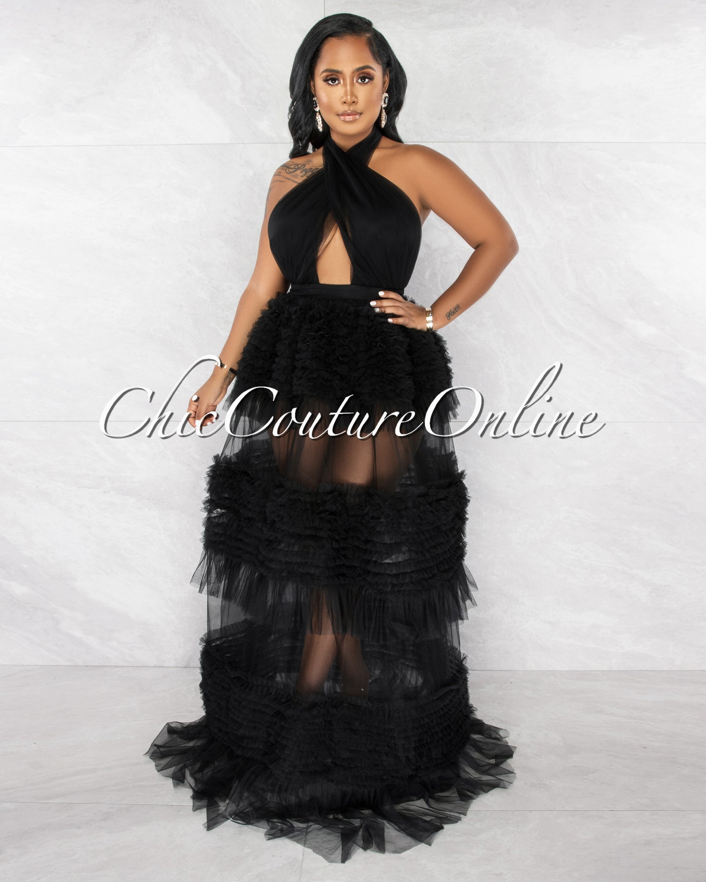 *Pleasant Black Halter Tulle Ruffle Maxi Dress