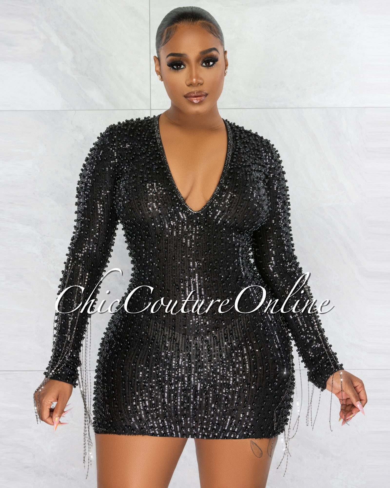 *Glory Black Sequin Pearls Chain Sleeves Fringe Mini Dress