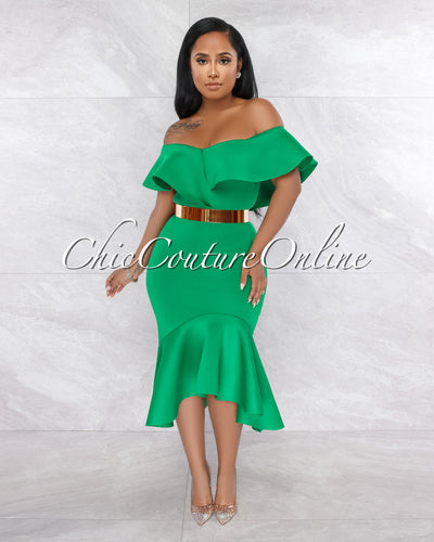 Temira Green Ruffle Off-The-Shoulder Ponti Dress