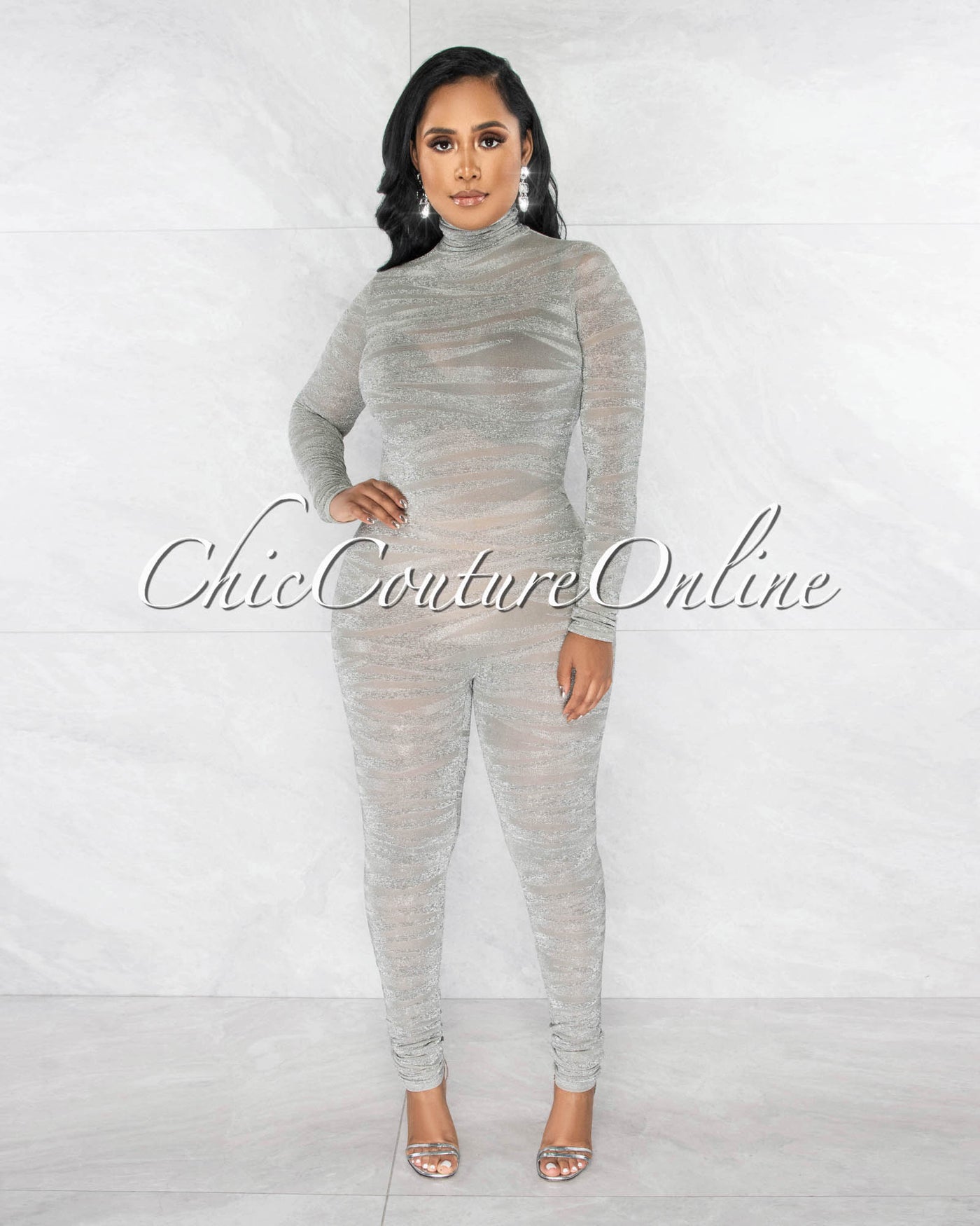 Henry Silver Shimmer Zebra Print Sheer Mesh Jumpsuit