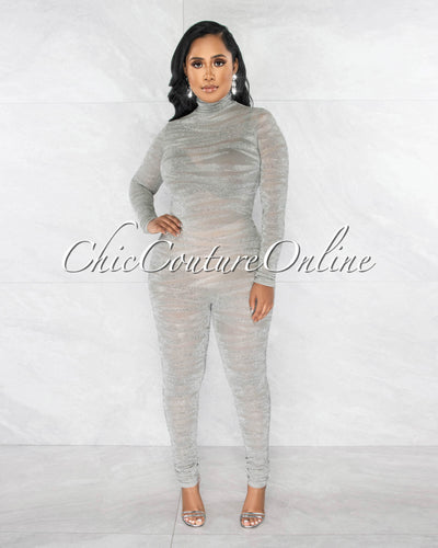 *Henry Silver Shimmer Zebra Print Sheer Mesh Jumpsuit