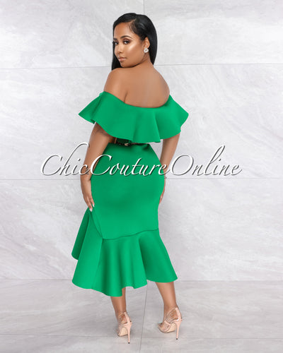 Temira Green Ruffle Off-The-Shoulder Ponti Dress