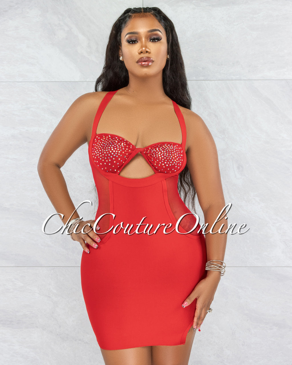 *Variya Red Keyhole Mesh Rhinestones Mini Dress