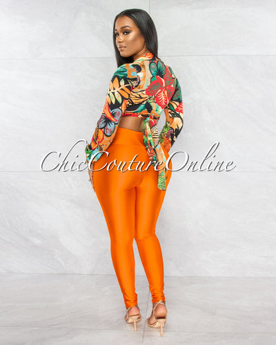 Gladstone Palm Print Tie Top & Orange Leggings Set