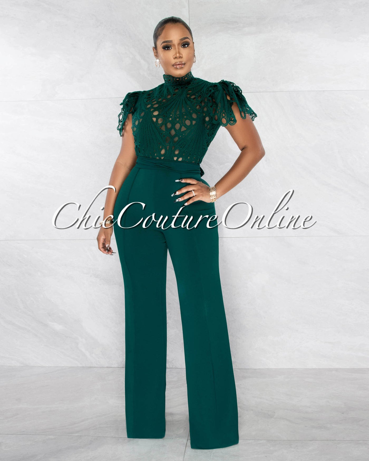 *Charity Hunter Green Crochet See-Thru Top Ruffle Sleeves Jumpsuit