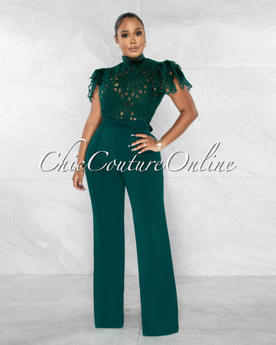 *Charity Hunter Green Crochet See-Thru Top Ruffle Sleeves Jumpsuit