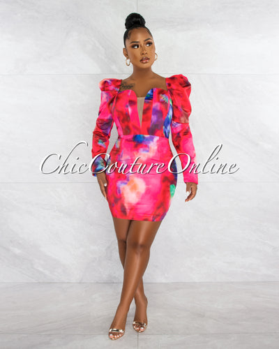 *Roberson Fuchsia Print Statement Sleeves Corset Style Dress