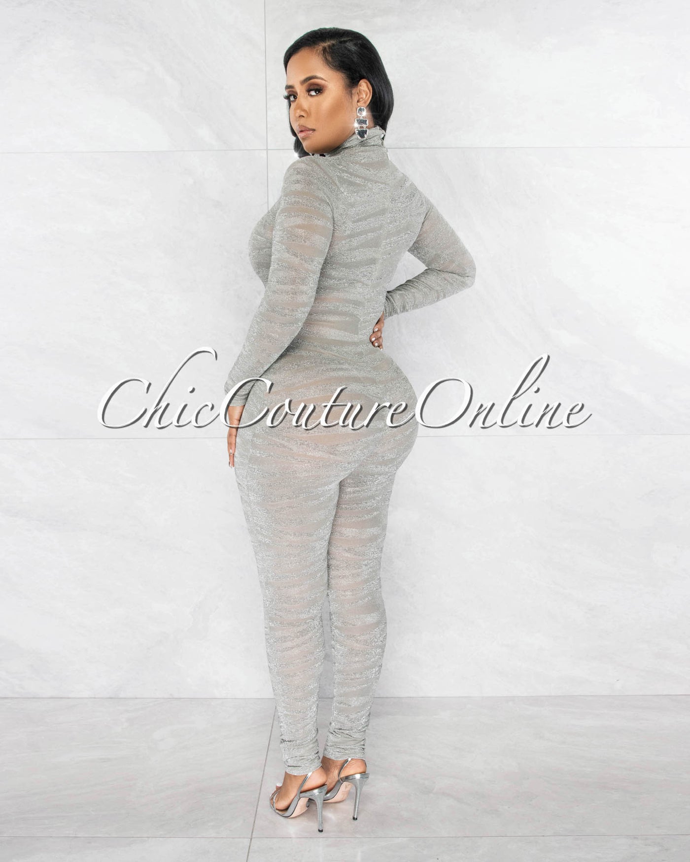 *Henry Silver Shimmer Zebra Print Sheer Mesh Jumpsuit