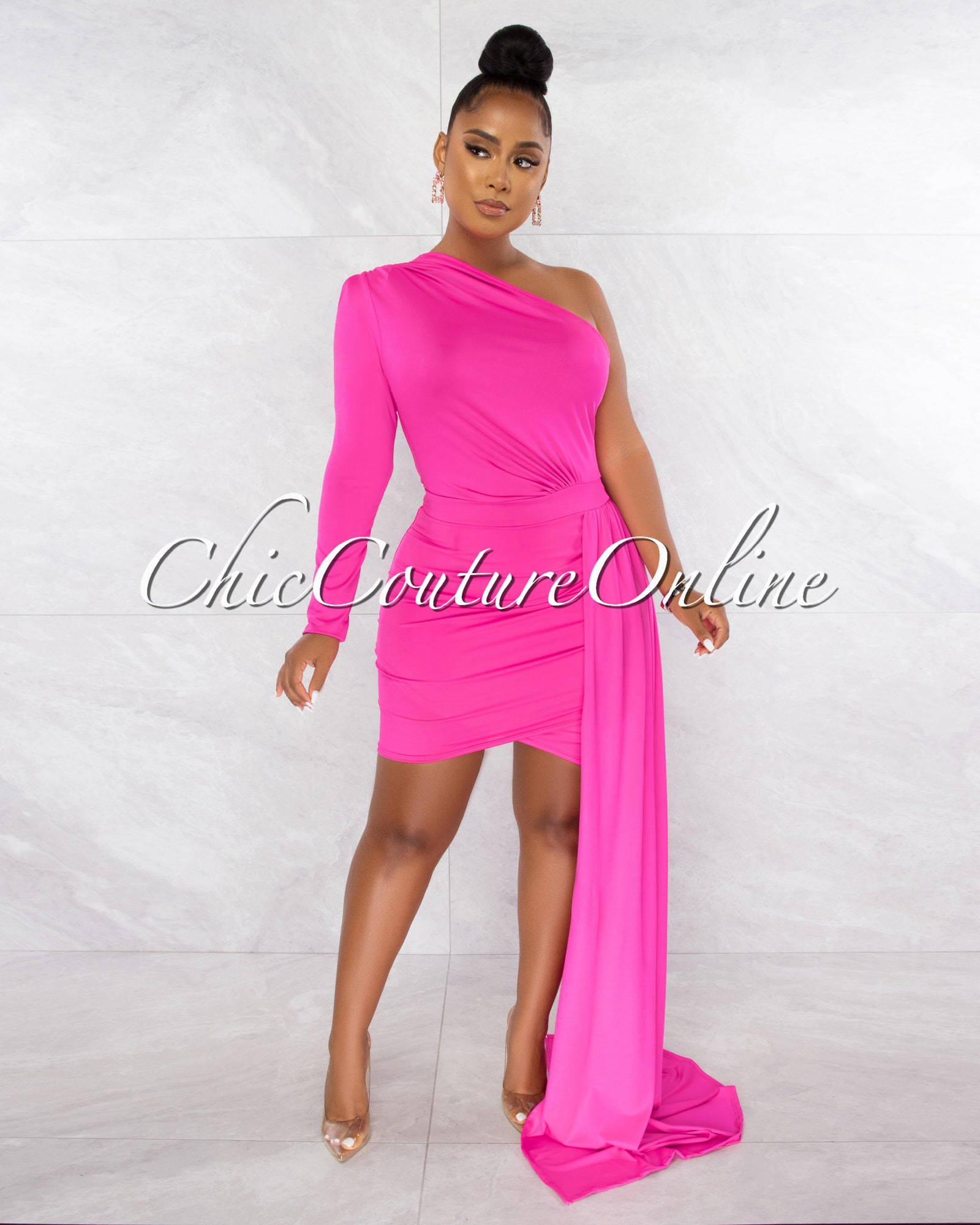 Cameo Hot Pink Single Sleeve Long Strap Accent Dress