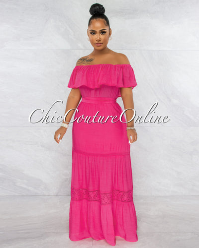 Amapola Fuchsia Off-The-Shoulder Crochet Maxi Dress