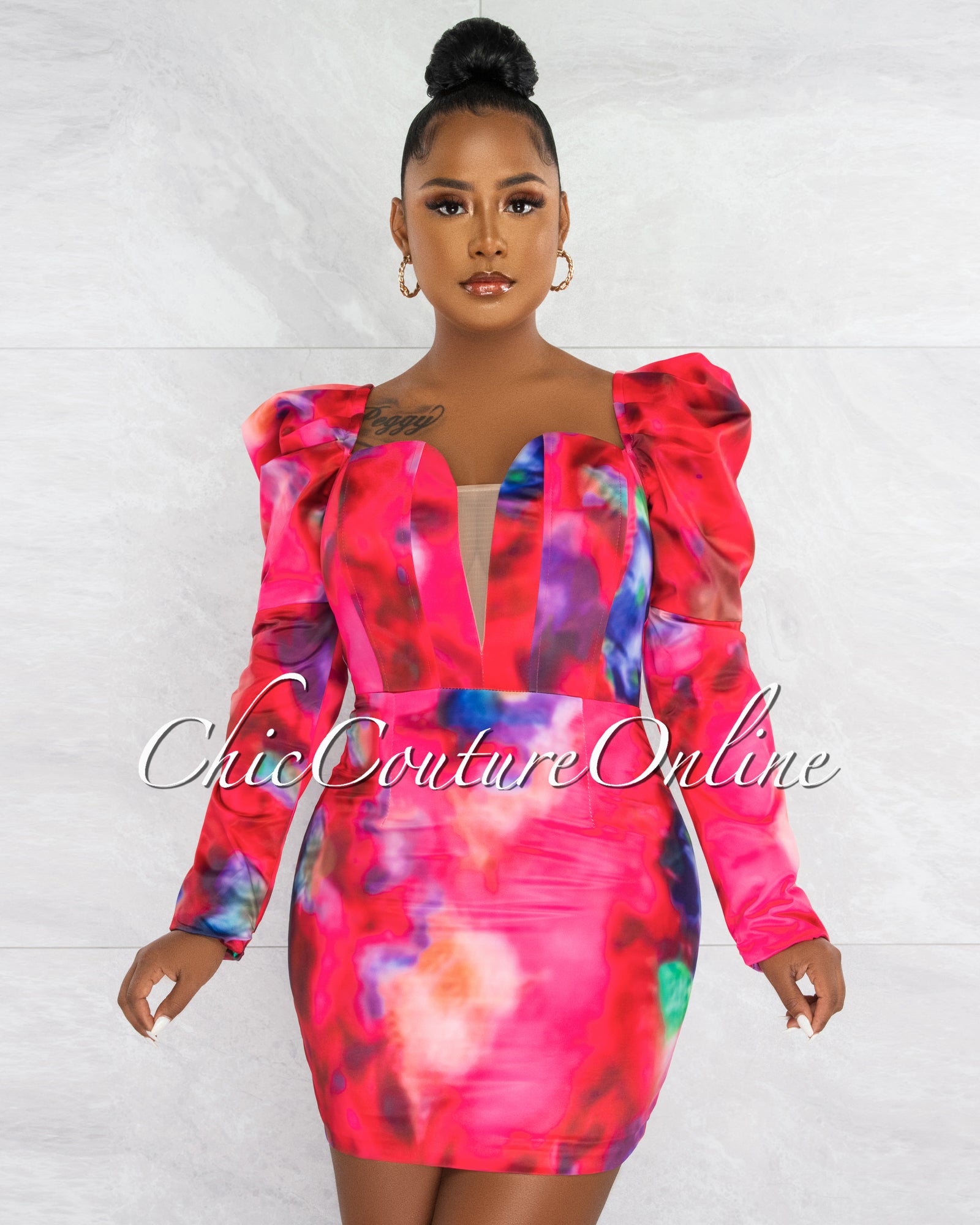 *Roberson Fuchsia Print Statement Sleeves Corset Style Dress