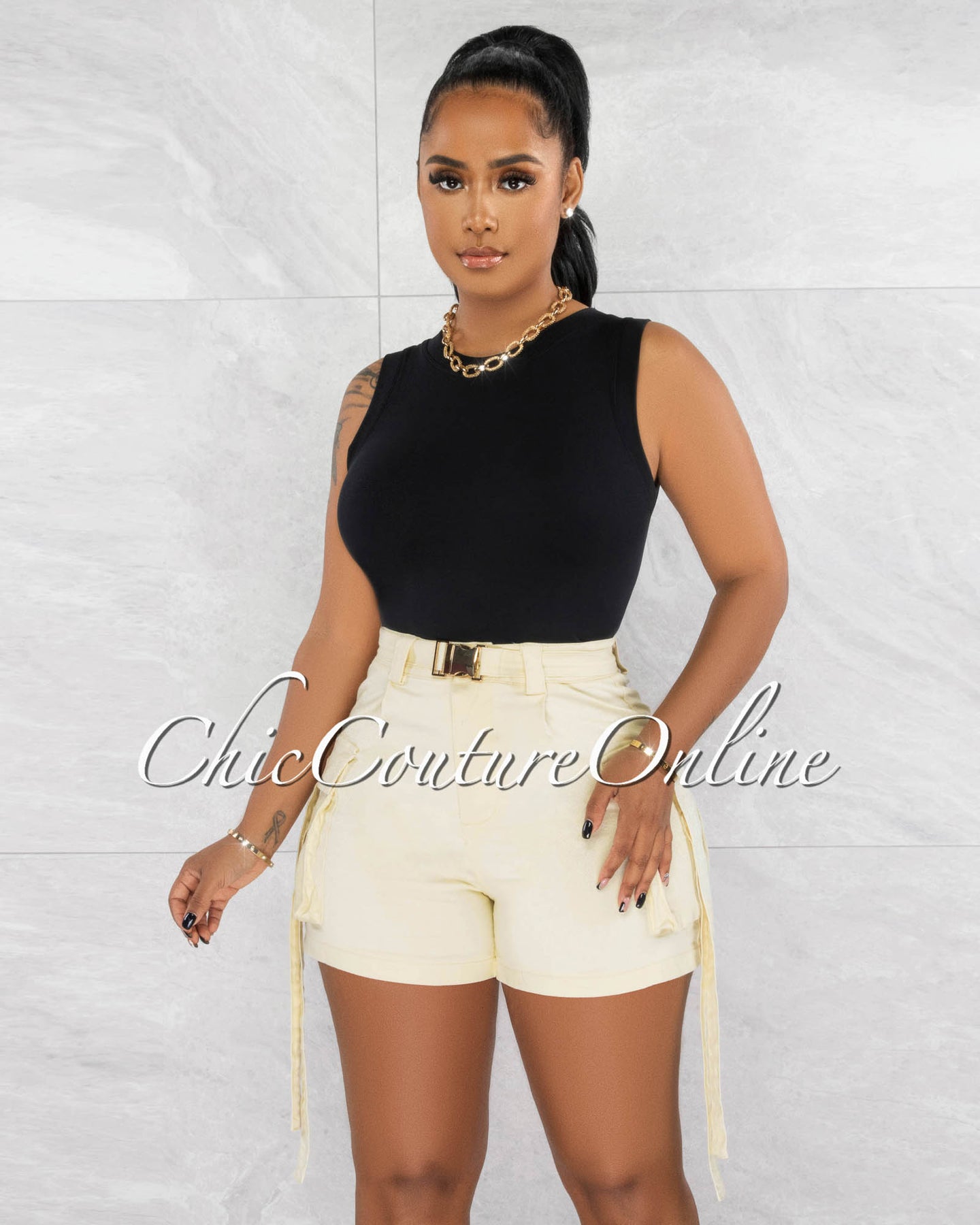 *Dawna Beige Gold Buckle Cargo Pockets Shorts