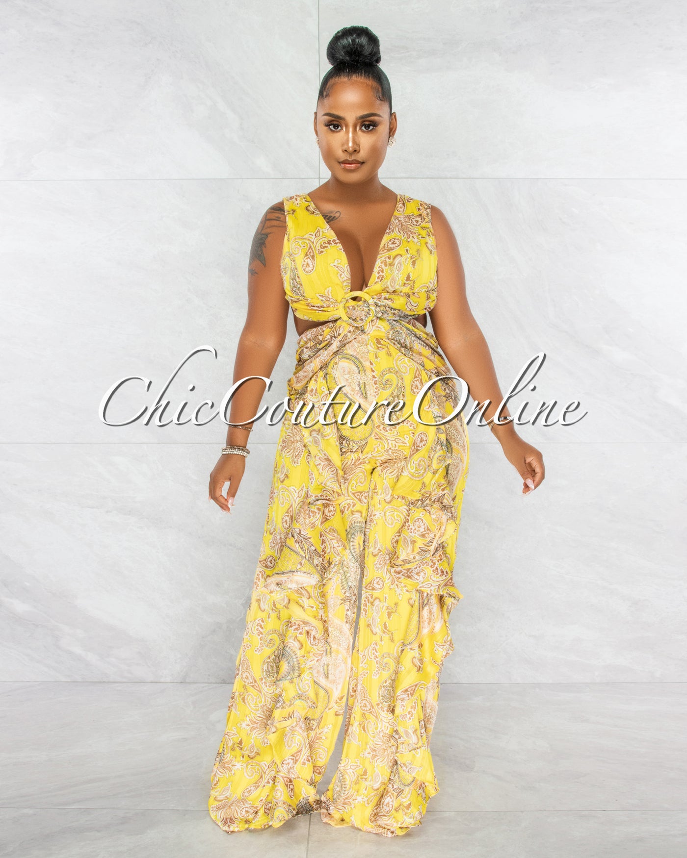 *Elodie Yellow Brown Paisley Print Ruffle Legs Jumpsuit