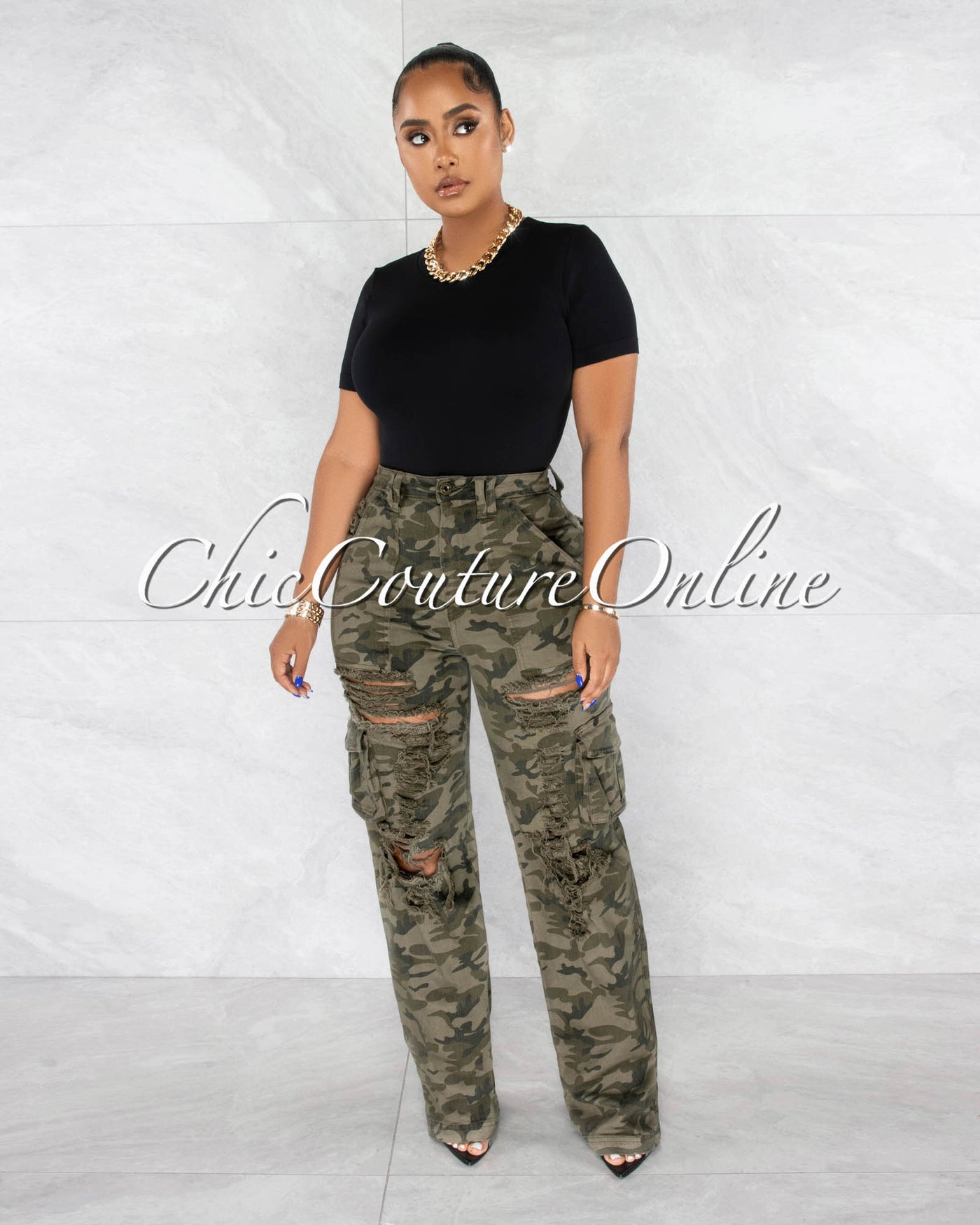 Barltey Camo Cargo Mom Distressed Jeans