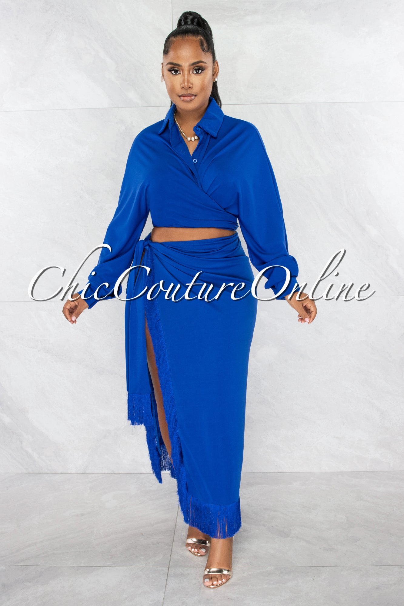 *Armand Royal Blue Long Straps Shirt & Fringe Slit Skirt Set